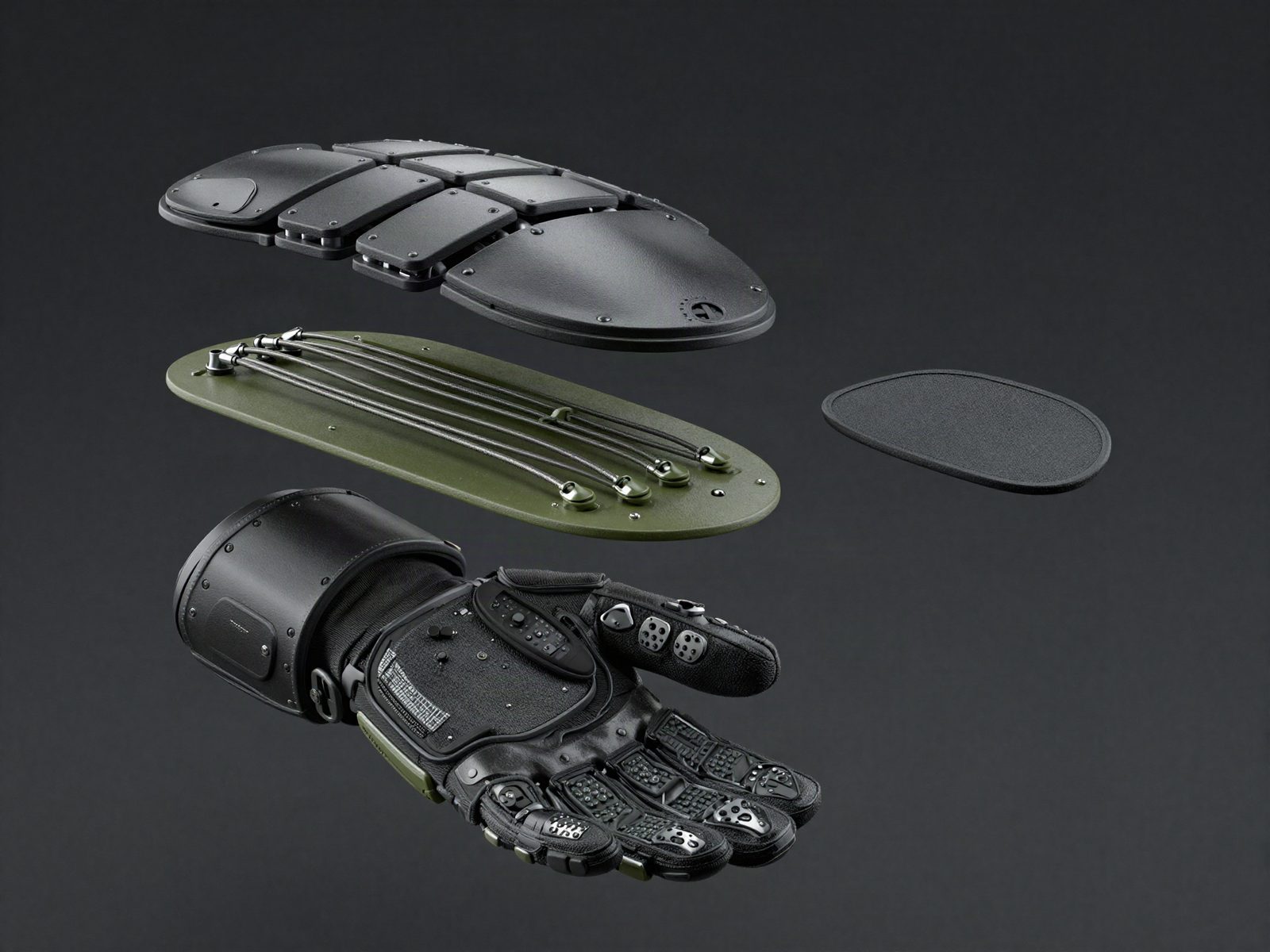 GoatShield exploded view. Articulated armor, tendon cables, base glove, and replaceable GripSkin pad